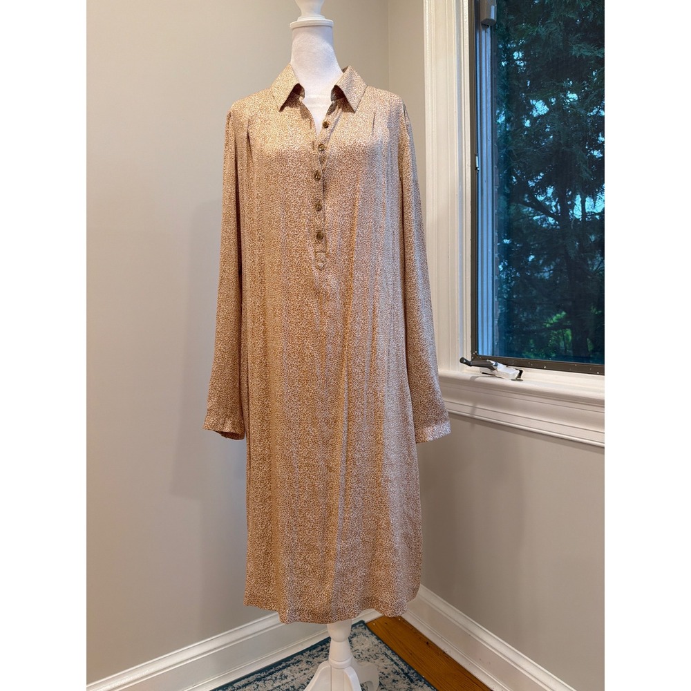 Classiques Entier Silk Leopard Print Shirt Dress Tan Brown Animal Midi 14
